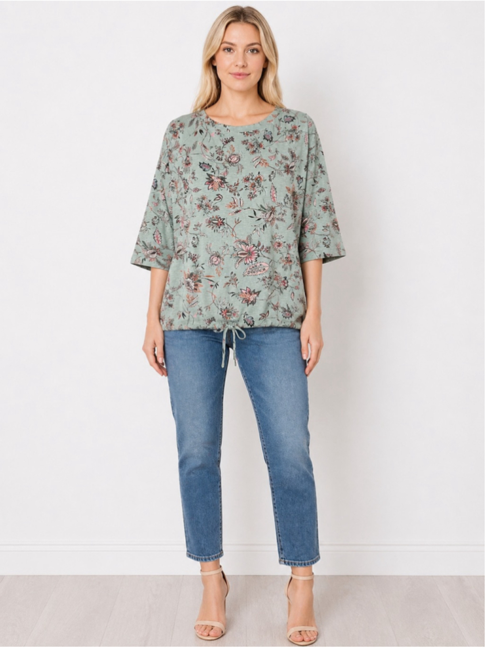 J. Jill Blue Mint Floral Drawstring Waist Top Pullover Beachy Boho Casual Size L
